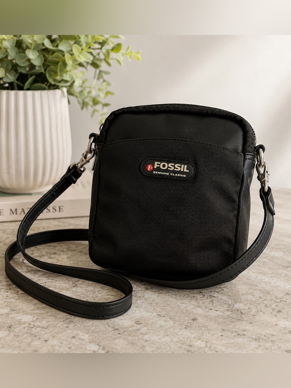Vintage Fossil Genuine Classic Mini Crossbody Bag Y2K Black Nylon PVC Trim